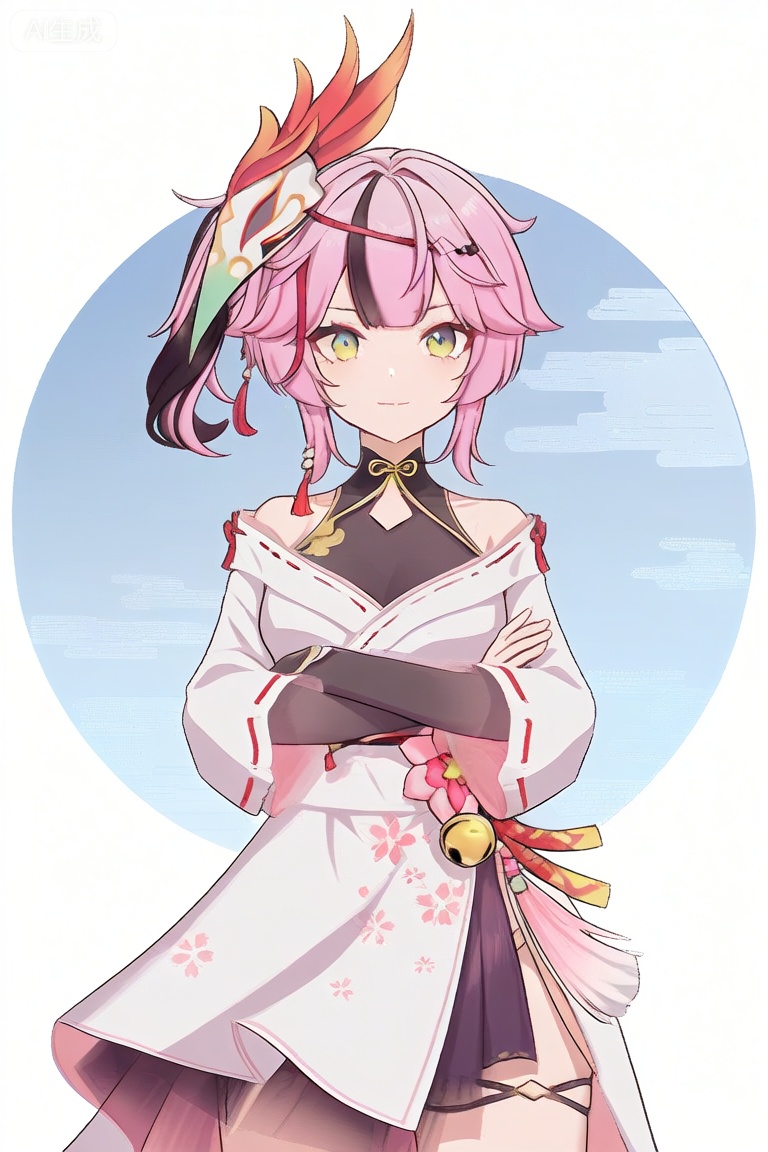 1girl, solo, looking at viewer, short hair, bangs, hair ornament, long sleeves, dress, bare shoulders, closed mouth, green eyes, yellow eyes, pink hair, japanese clothes, virtual youtuber, kimono, side ponytail, mask, blue background, mask on head


best quality, transparent_background, game_cg, masterpiece, best quality, transparent_background, game_cg, arms_crossed, 😡, 


(masterpiece:1.2), best quality, masterpiece, highres, original,ultra-detailed, illustration,extremely detailed wallpaper, perfect lighting,(extremely detailed CG:1.2), drawing, paintbrush,mimiXF,biaoqing,yulanXF,lanXF
