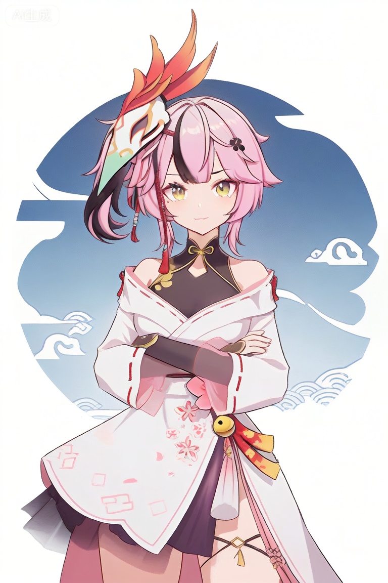 1girl, solo, looking at viewer, short hair, bangs, hair ornament, long sleeves, dress, bare shoulders, closed mouth, green eyes, yellow eyes, pink hair, japanese clothes, virtual youtuber, kimono, side ponytail, mask, blue background, mask on head


best quality, transparent_background, game_cg, masterpiece, best quality, transparent_background, game_cg, arms_crossed, 😡, 


(masterpiece:1.2), best quality, masterpiece, highres, original,ultra-detailed, illustration,extremely detailed wallpaper, perfect lighting,(extremely detailed CG:1.2), drawing, paintbrush,mimiXF,biaoqing,yulanXF,lanXF