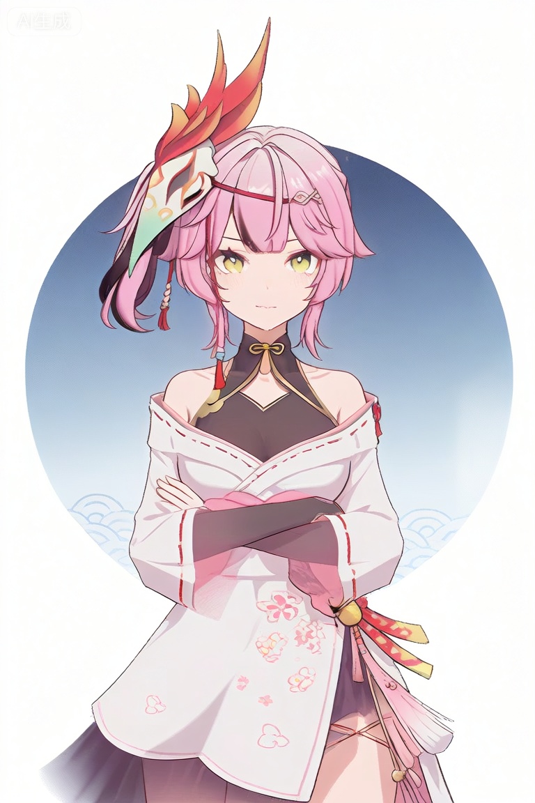 1girl, solo, looking at viewer, short hair, bangs, hair ornament, long sleeves, dress, bare shoulders, closed mouth, green eyes, yellow eyes, pink hair, japanese clothes, virtual youtuber, kimono, side ponytail, mask, blue background, mask on head


best quality, transparent_background, game_cg, masterpiece, best quality, transparent_background, game_cg, arms_crossed, 😡, 


(masterpiece:1.2), best quality, masterpiece, highres, original,ultra-detailed, illustration,extremely detailed wallpaper, perfect lighting,(extremely detailed CG:1.2), drawing, paintbrush,mimiXF,biaoqing,yulanXF,lanXF