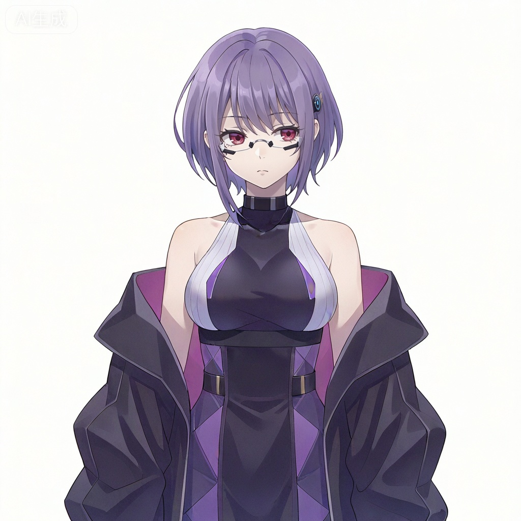 masterpiece, best quality,solo,white background,simple_background,Yuutenji Nyamu,cybersaki_style,short hair,purple eyes,red eyes,bangs,purple hair,breasts,hair ornament,glasses,jacket,bare shoulders,dress,off shoulder,open jacket,black jacket,sleeveless dress