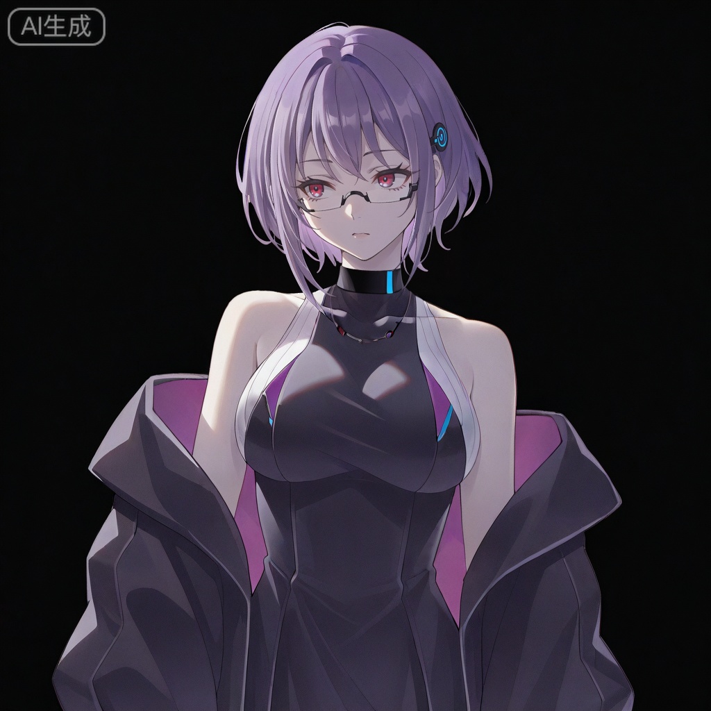 masterpiece, best quality,solo,white background,simple_background,Yuutenji Nyamu,cybersaki_style,short hair,purple eyes,red eyes,bangs,purple hair,breasts,hair ornament,glasses,jacket,bare shoulders,dress,off shoulder,open jacket,black jacket,sleeveless dress