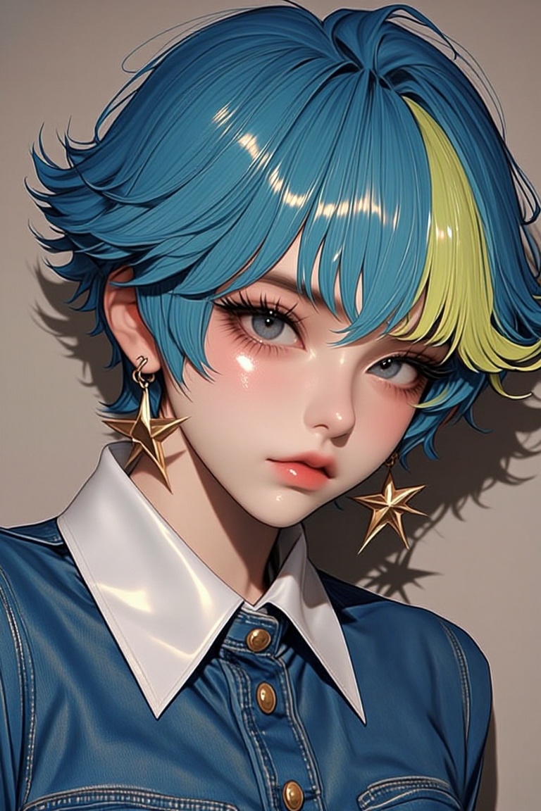 [ beautiful anime of] The image shows a person with striking blue hair,  styled in a playful manner with one side dyed blo...