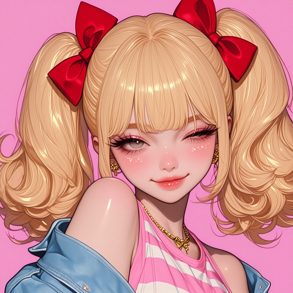 [ beautiful anime of] The image shows a person with long,  wavy blonde hair styled in two pigtails,  each secured with a l...