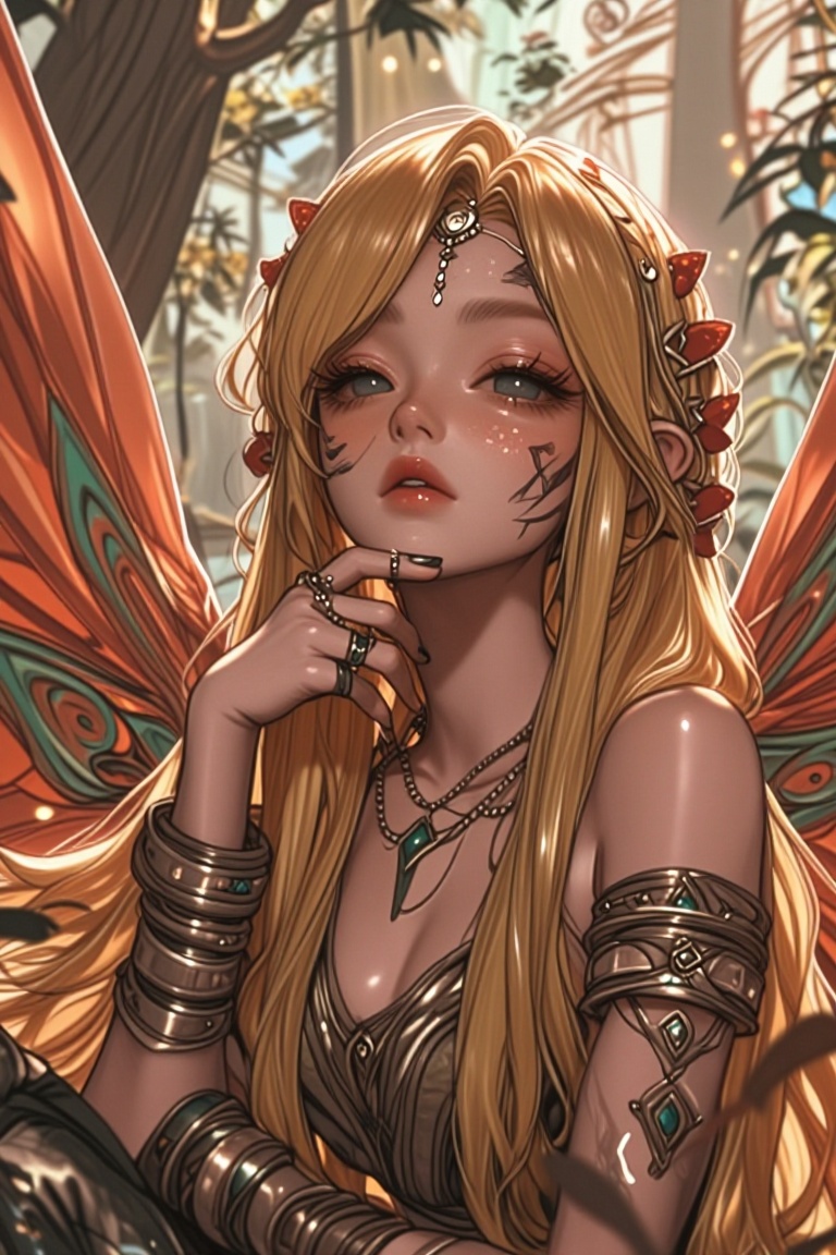 [ beautiful anime of] The image depicts a fantasy character with long,  flowing blonde hair adorned with intricate golden...