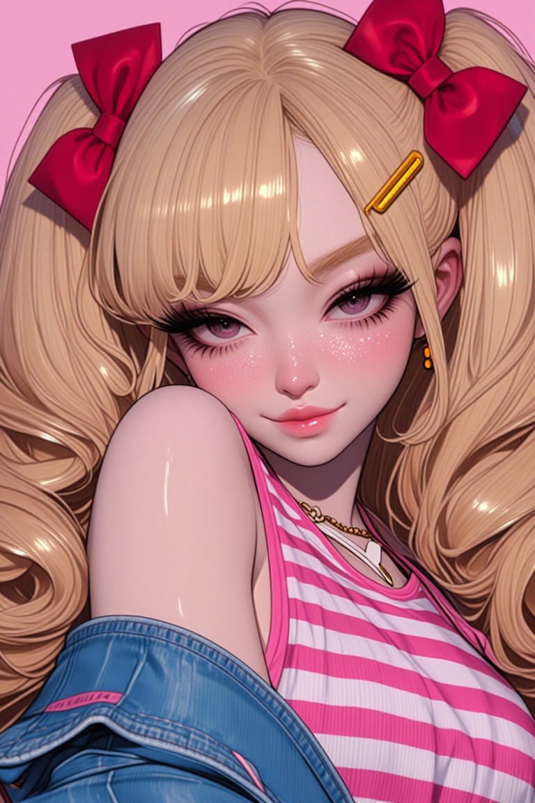 [ beautiful anime of] The image shows a person with long,  wavy blonde hair styled in two pigtails,  each secured with a l...