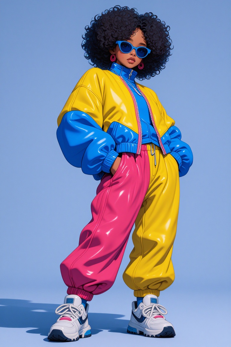 [ beautiful anime of] The image shows a person wearing a vibrant,  retro-style outfit consisting of a yellow and blue jack...