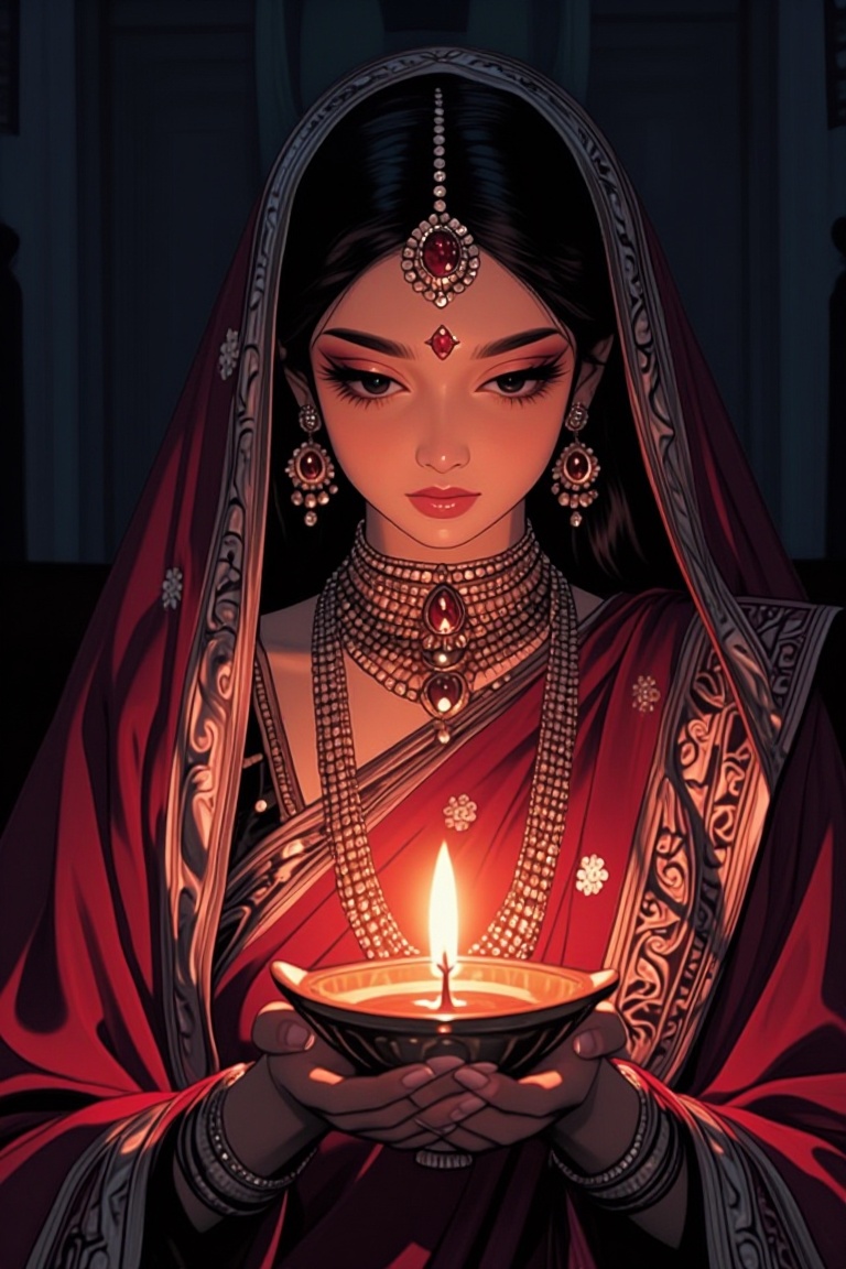 [ beautiful anime of] The image depicts a woman dressed in traditional Indian attire,  wearing a richly adorned red sari w...