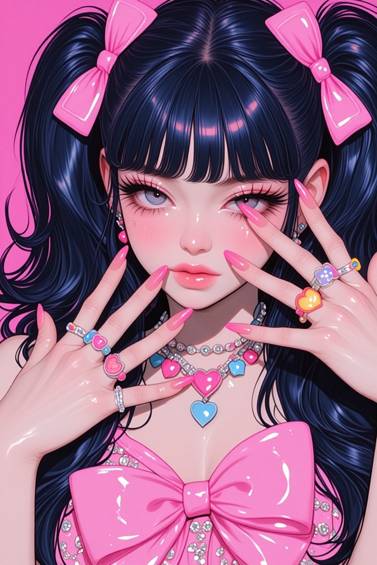 [ beautiful anime of] The image features a person with long black hair styled in two high ponytails,  each tied with pink...