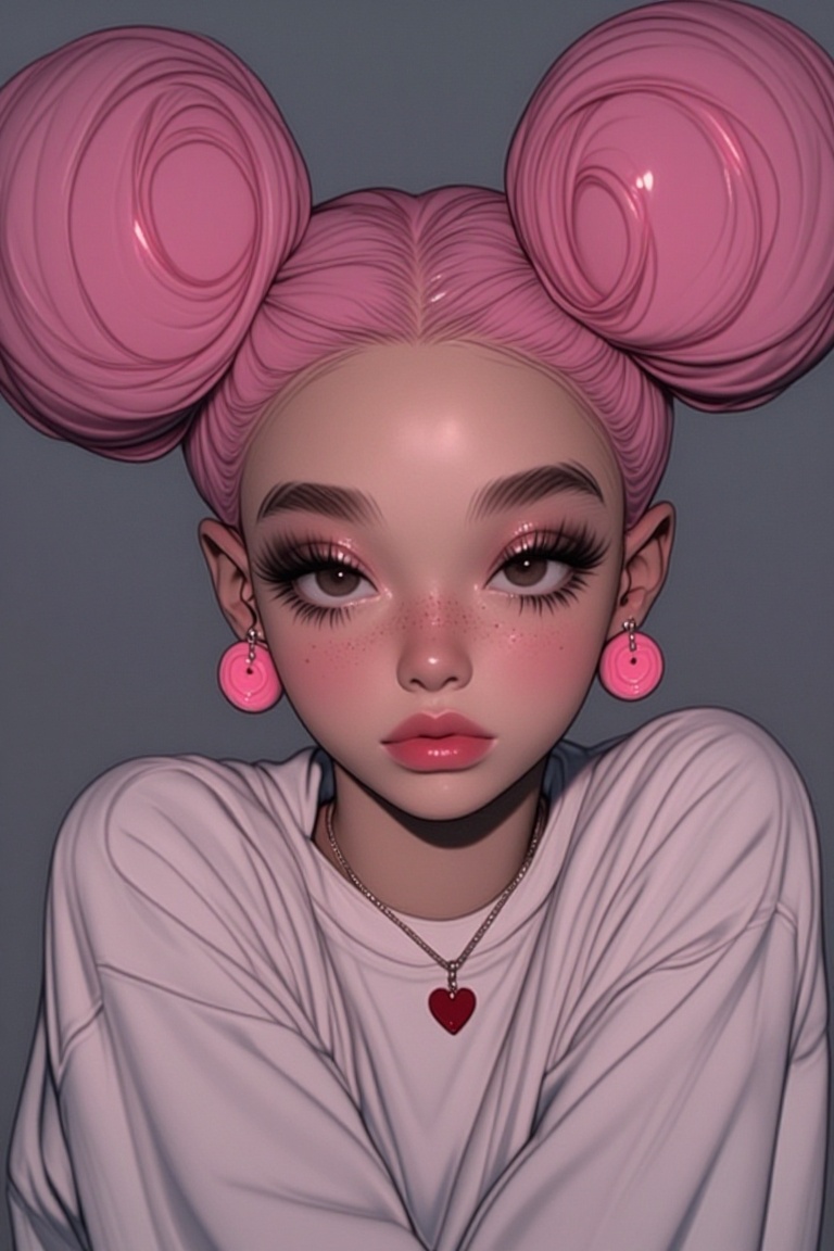 [ beautiful anime of] The image shows a person with a unique hairstyle. The hair is styled in two large,  pink,  rose-like...