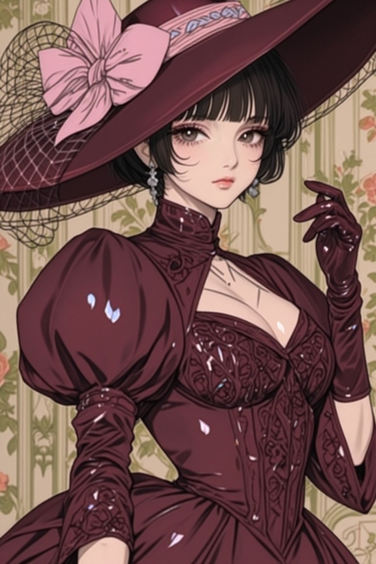 [ beautiful anime of] The image depicts a person dressed in a vintage-style outfit. The individual is wearing a deep burgu...