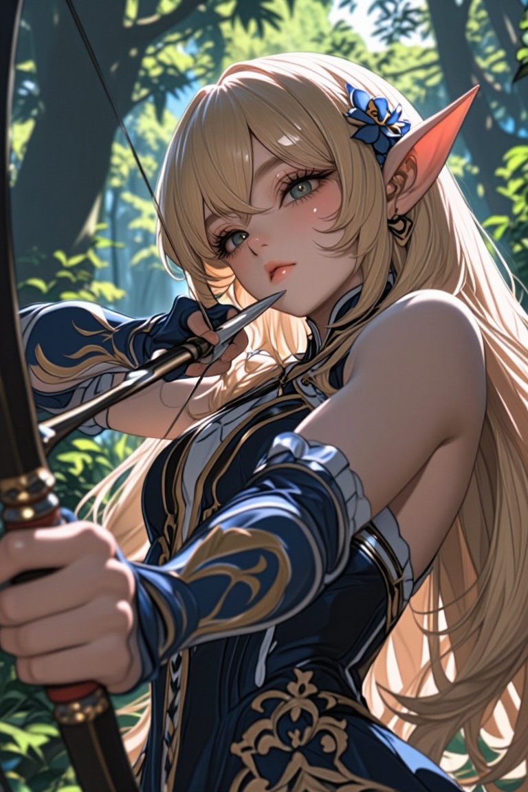 [ beautiful anime of] The image depicts a woman with long,  flowing blonde hair adorned with blue flowers. She has pointed...