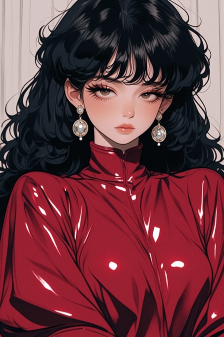 [ beautiful anime of] The image features a person wearing a striking red garment with a high-neck design,  which appears t...