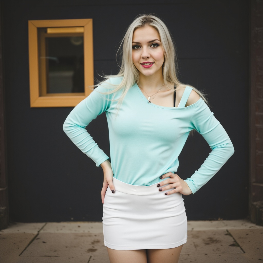 maxxa,  Photorealistic analog-style photograph,  casual pop-editorial pose with one shoulder slightly forward and relaxed...