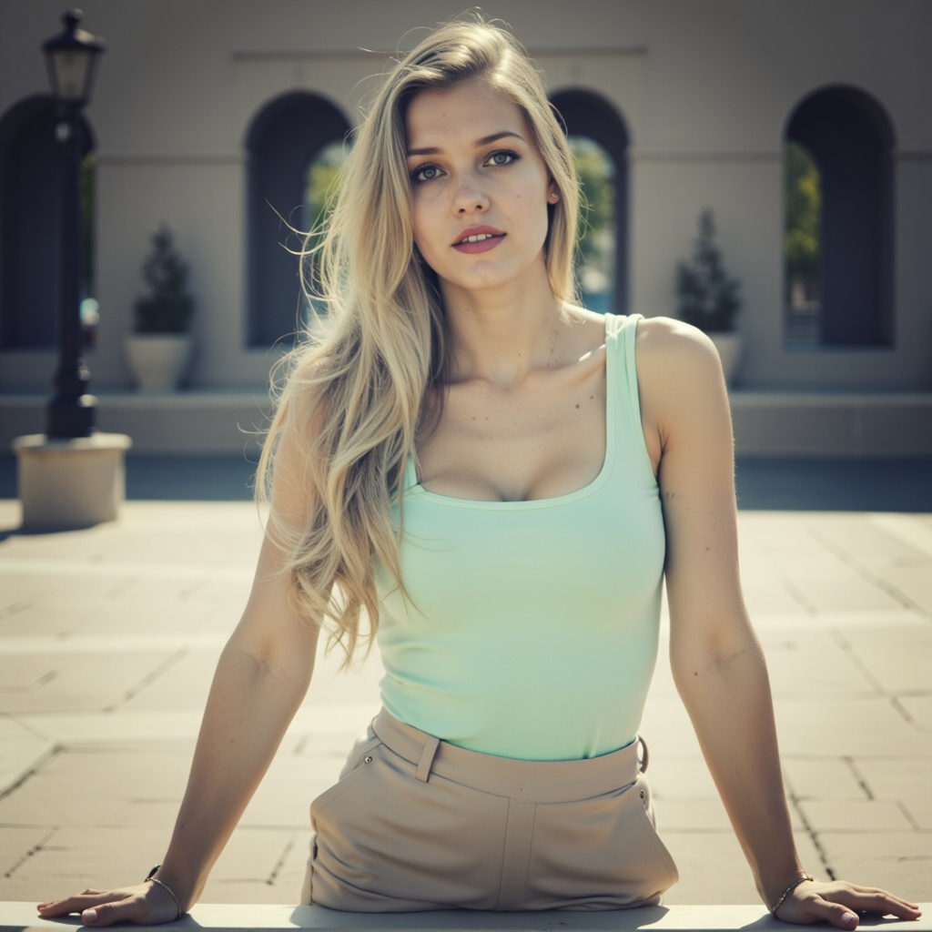 maxxa,  Photorealistic analog-style photograph,  relaxed upright pose with arms resting naturally on Tensor.Art