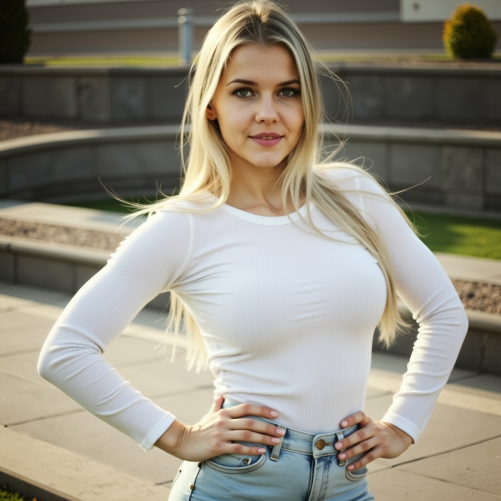 Photorealistic analog-style photograph,  relaxed confident pose with weight shifted to one hip and shoulders slightly angl...