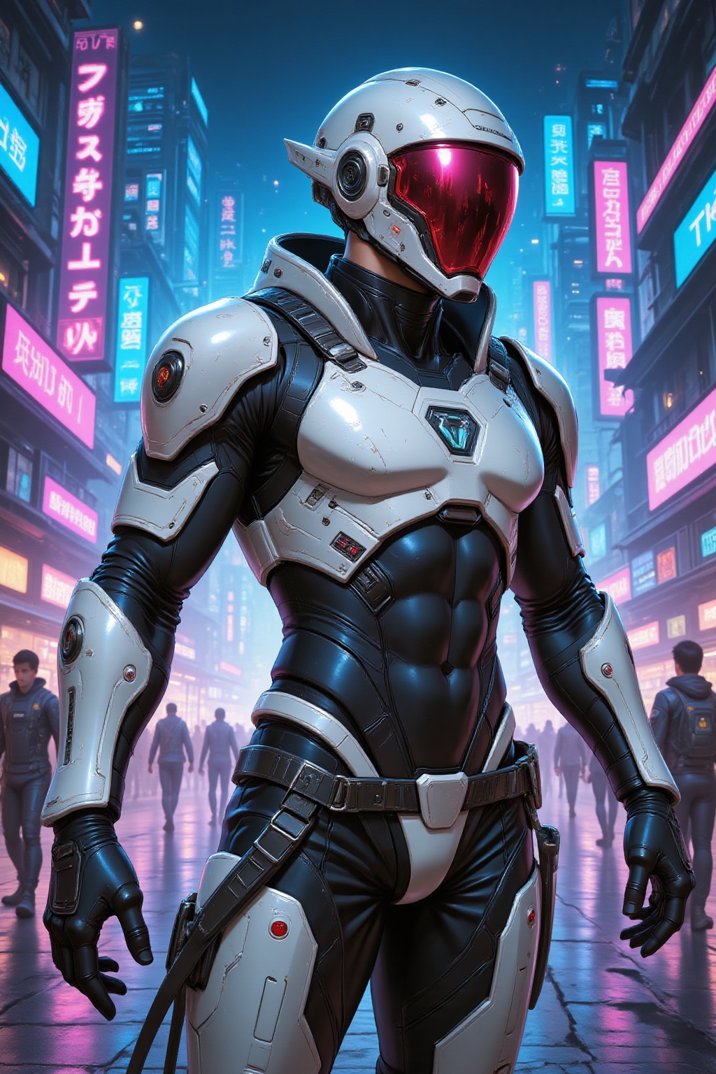 Cyberpunk man,  wearing white and black beskaar armor,  in cyberpunk city on Tensor.Art