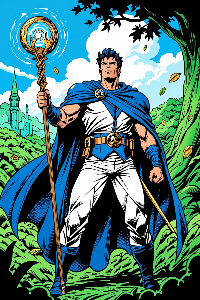 [ Marvel comic illustration of ] The image depicts a man standing in a lush,  green forest. They are dressed in a white sh...