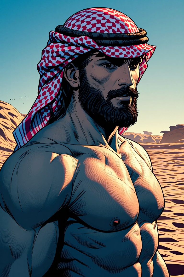 [ Marvel comic illustration of ] a man standing in a desert landscape. He is shirtless,  showcasing a well-defined muscula...