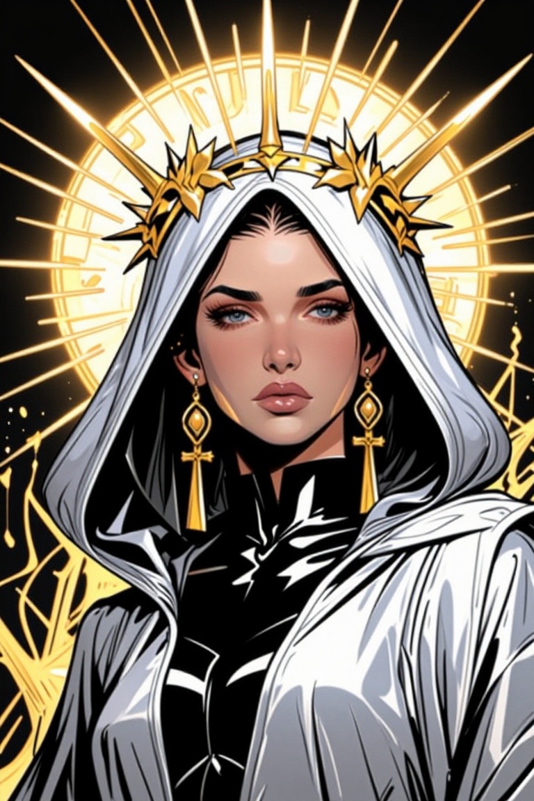 [ Marvel comic illustration of ] The image depicts a figure with long,  wavy blonde hair adorned with a golden crown featu...