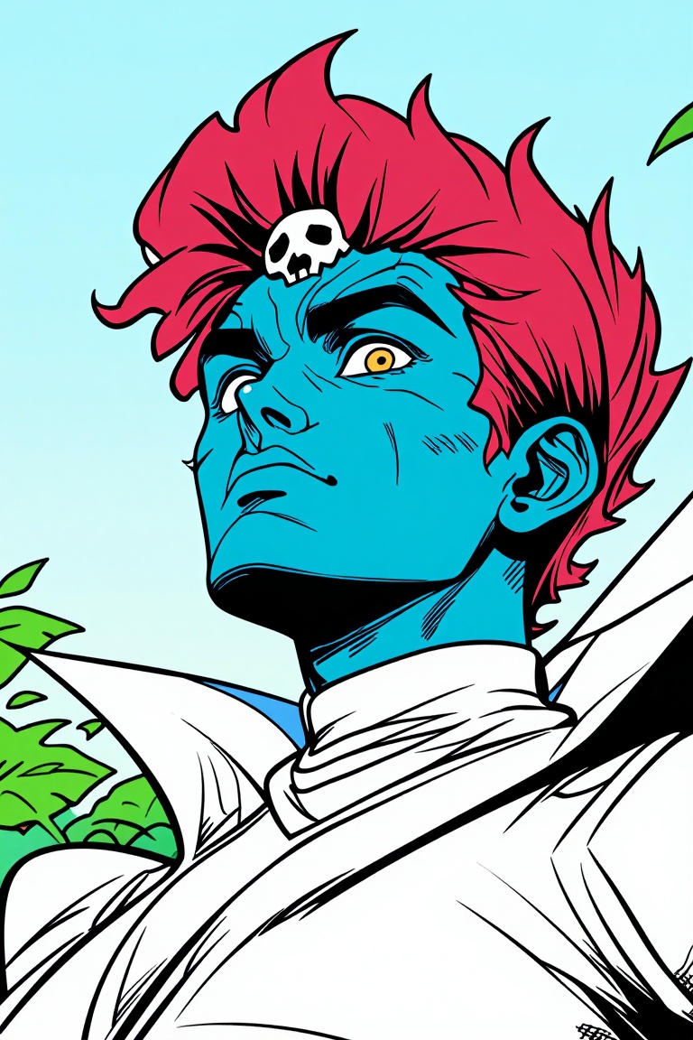 [ Marvel comic illustration of ] The image depicts a blue-skinned character with red hair,  wearing a white turtleneck and...