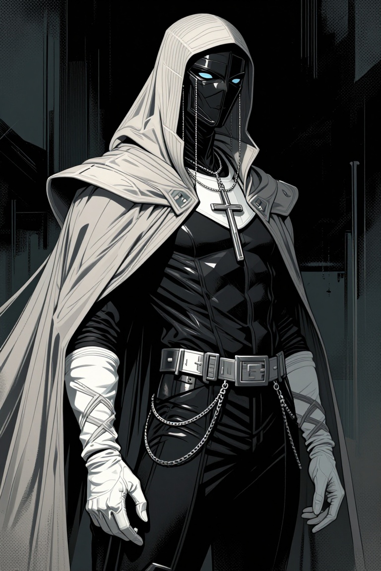 [ Marvel comic illustration of ] The image depicts a figure dressed in a futuristic and religious-inspired outfit. The per...