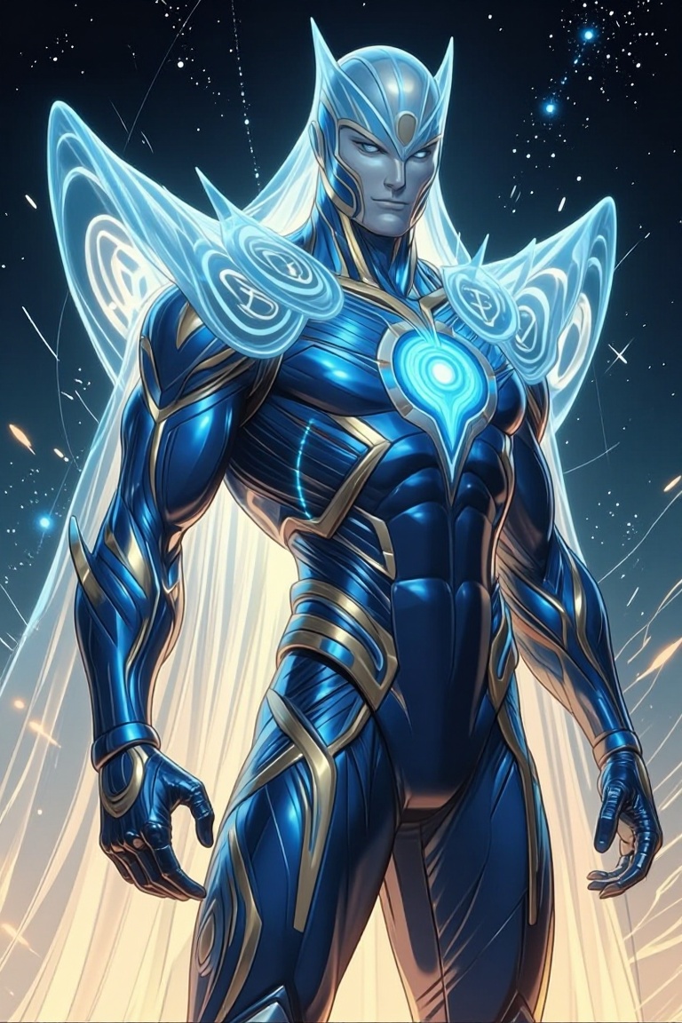 [ Marvel comic illustration of ] The image depicts a futuristic,  armored figure standing against a cosmic backdrop. The f...