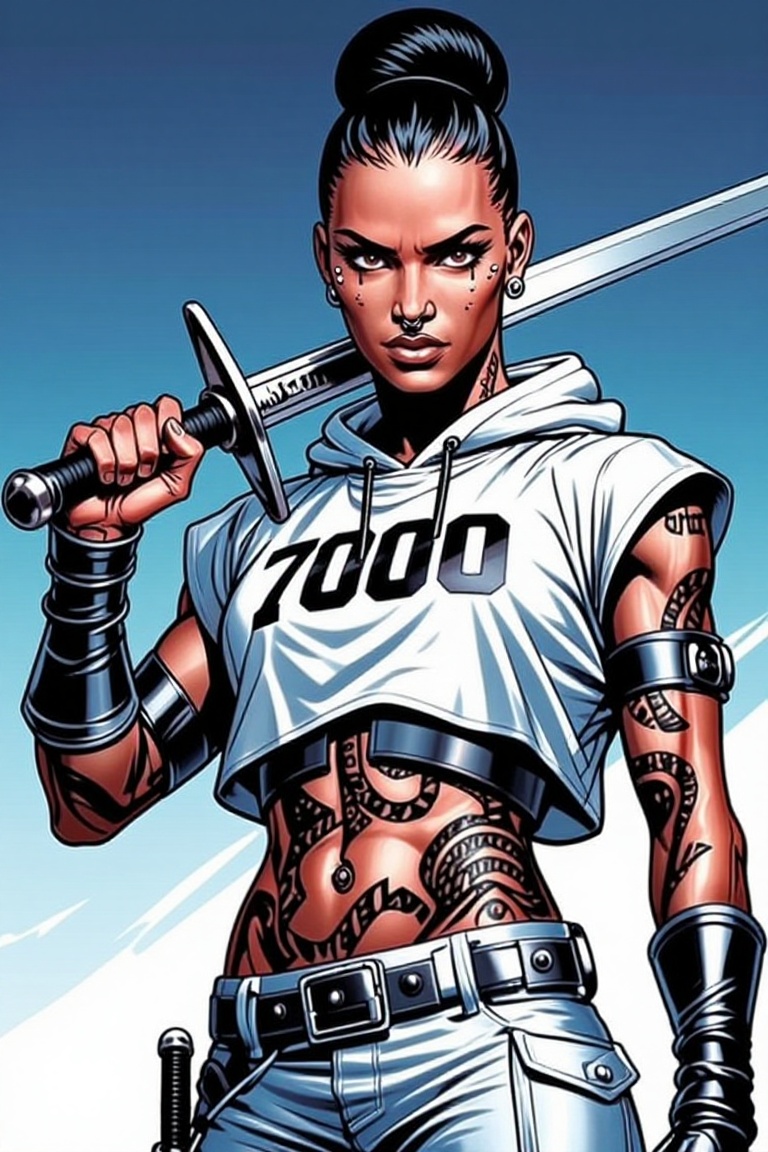 [ Marvel comic illustration of ] The image depicts a person standing confidently,  holding a sword in their right hand. Th...