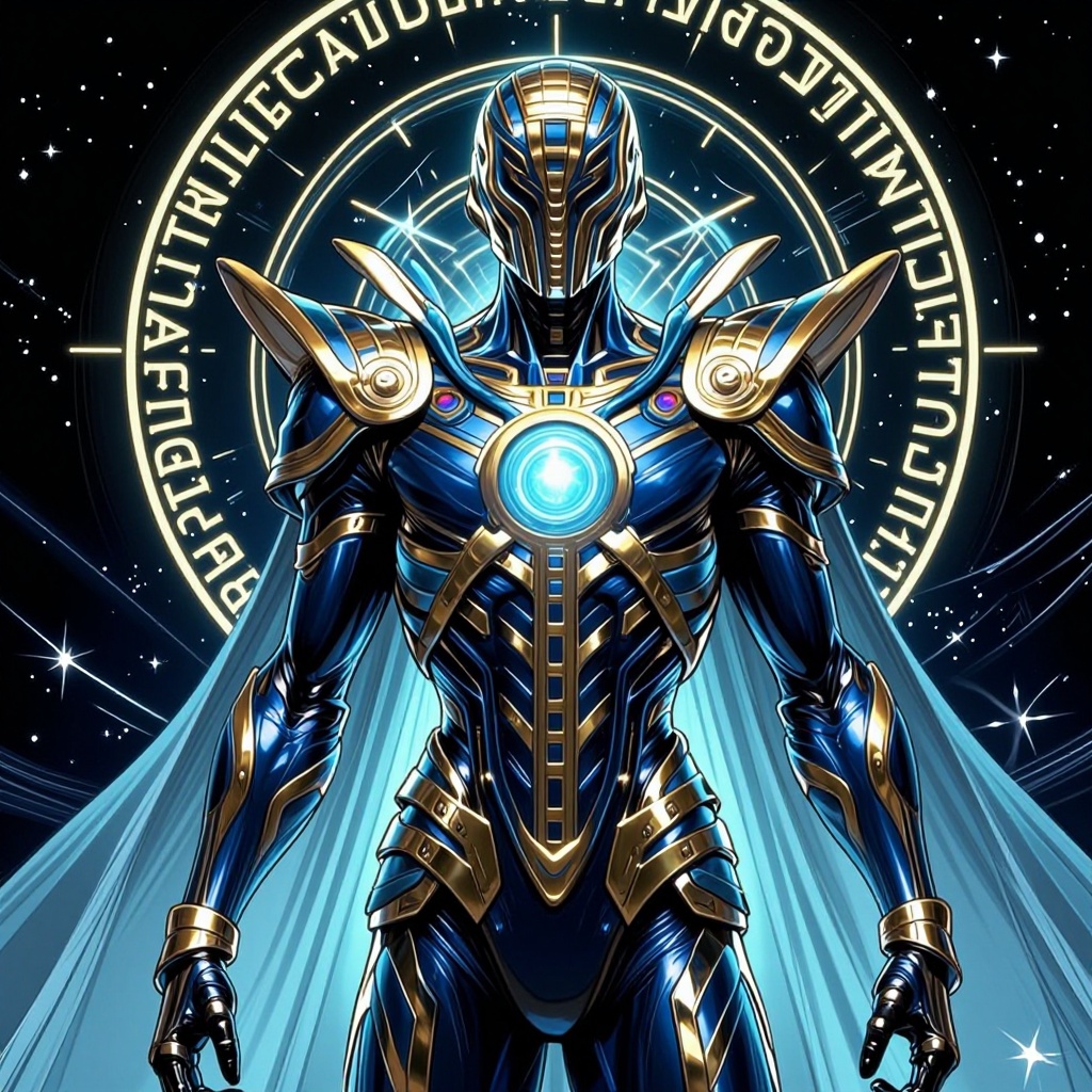 [ Marvel comic illustration of ] The image depicts a futuristic,  armored figure standing against a cosmic backdrop. The f...