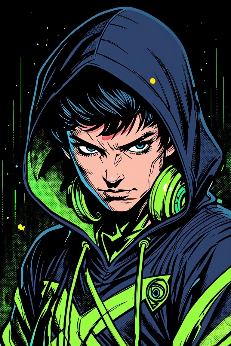 [ Marvel comic illustration of ] The image depicts a futuristic character wearing a dark hoodie with neon green accents. T...