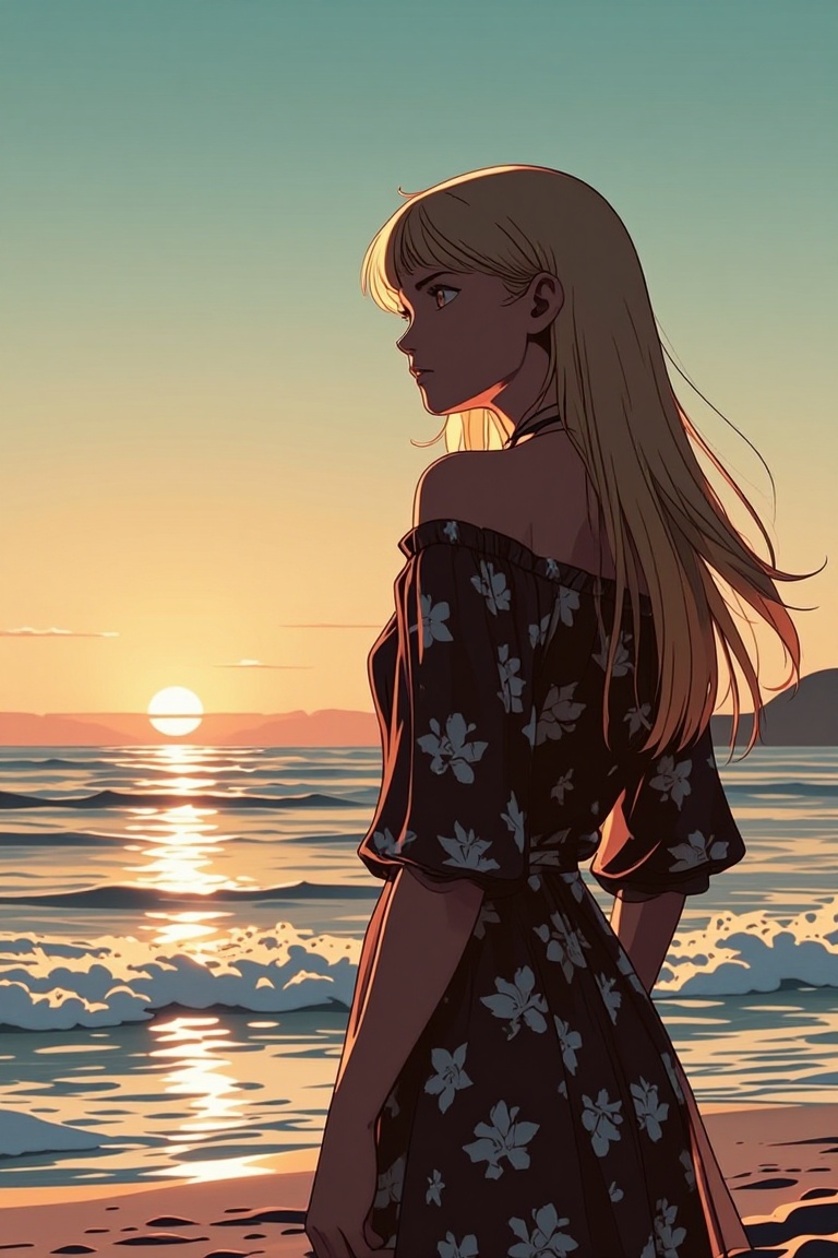 [ Marvel comic illustration of ] The image depicts a serene beach scene at sunset. A young woman with long blonde hair is...