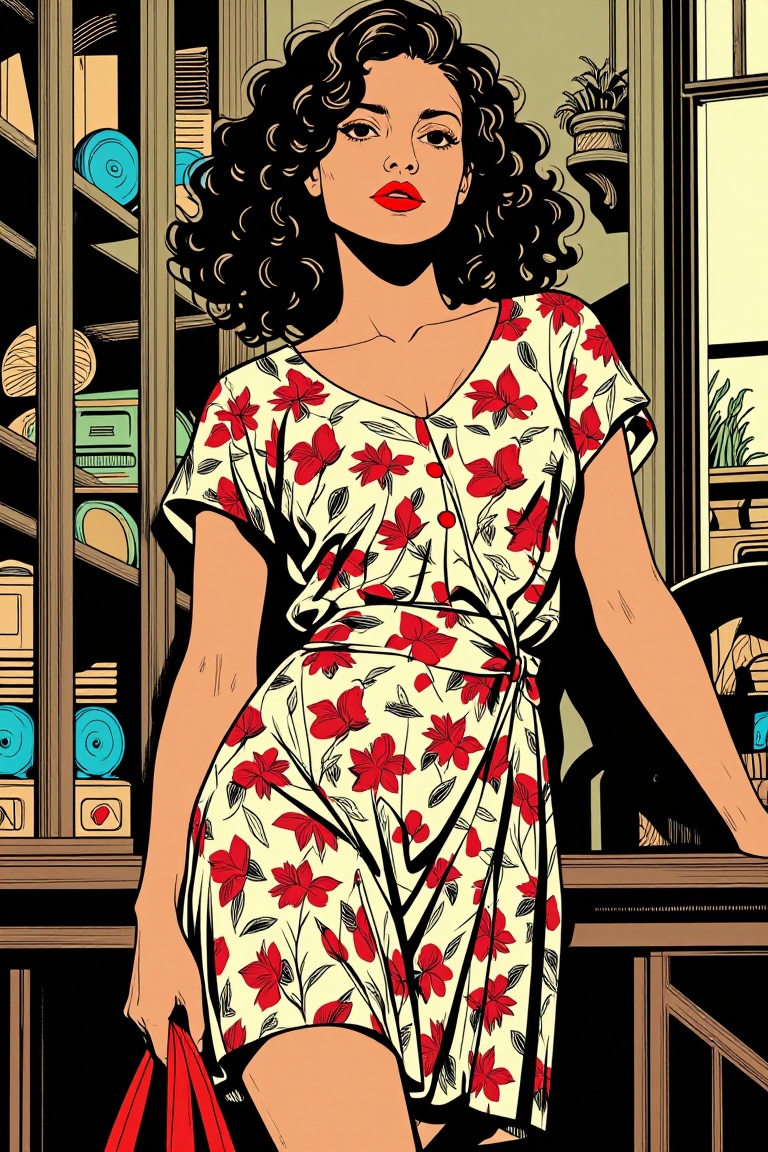 [ Marvel comic illustration of ] The image shows a young woman standing in a room with wooden shelves and a window in the...