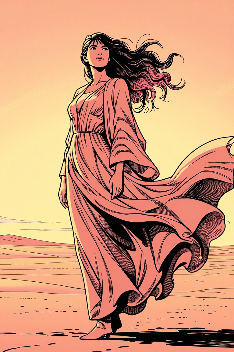 [ Marvel comic illustration of ] The image depicts a woman standing in a vast desert landscape. She is wearing a flowing,...
