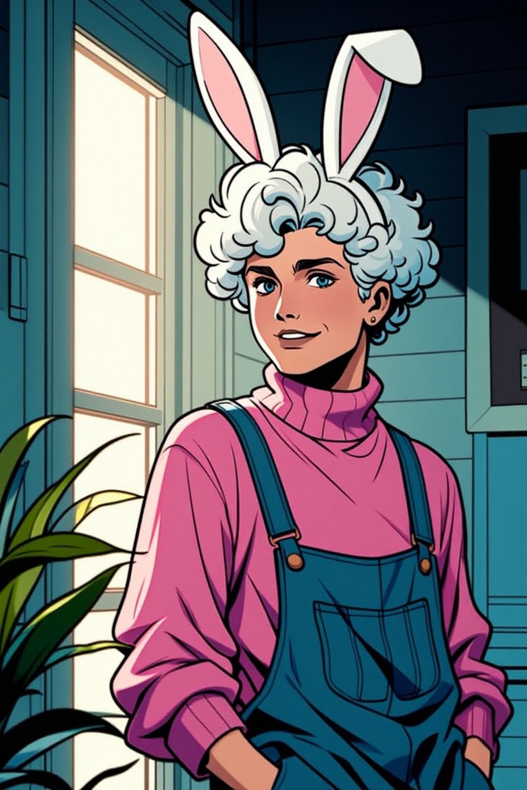 [ Marvel comic illustration of ] The image depicts a man with white,  curly hair wearing a pink turtleneck sweater and den...