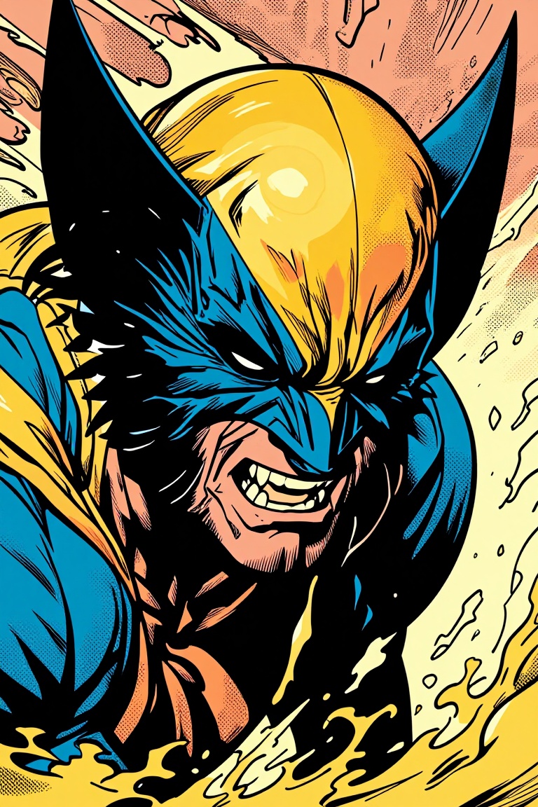 [ Marvel comic illustration of ] a close-up of a wolverine wearing a distinctive helmet with pointed ears,  a golden helme...