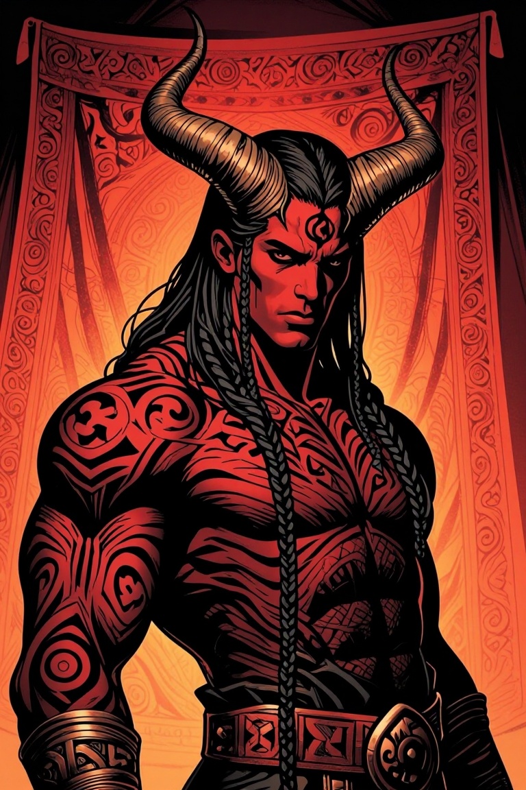 [ Marvel comic illustration of ] The image depicts a muscular figure with dark skin,  adorned with intricate red tattoos c...