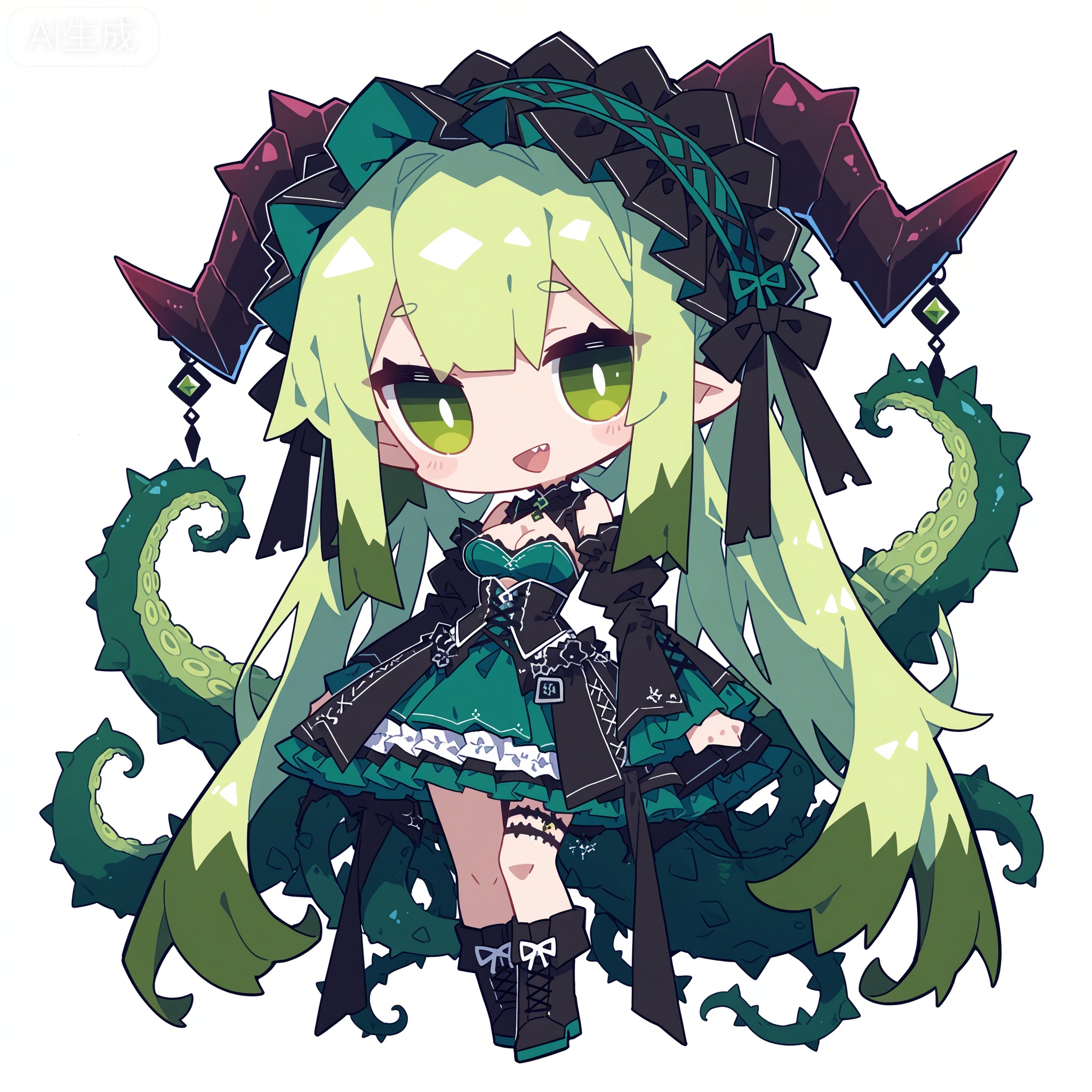 Solo, whole body, mature_monster_girl, monster_headdress, monster_clothes,

White background, monochrome theme, outline: 1.2

(chibi:1.1) ,:d,//artist:chujiujiu:1.4,//Anthropomorphism,
Line art, masterpiece, the best quality, extremely exquisite and beautiful,

Huge file size, amazing quality,multicolored hair,,(imazawa:1.1),(maccha_(mochancc):0.3),(ningen_mame:0.8),(mochizuki_kei:0.75),
//
1 girl, breasts, cleavage ,:d,//artist:chujiujiu:1.4,//
Masterpiece, best quality, ultra-detailed, 1 girl, monsterized all over, green gradient messy tentacles, with thorns and green vines, poisonous green eyes cut vertically, dark green eye shadow, cold expression, tattered gothic lolita dress, multi-layered ruffles dark green, boots, twisted limbs and green scale texture, sharp bone spurs on shoulders, white pure background, dark fantasy aesthetics, weird and strange atmosphere, monster girl mashup, anime illustration, movie lighting