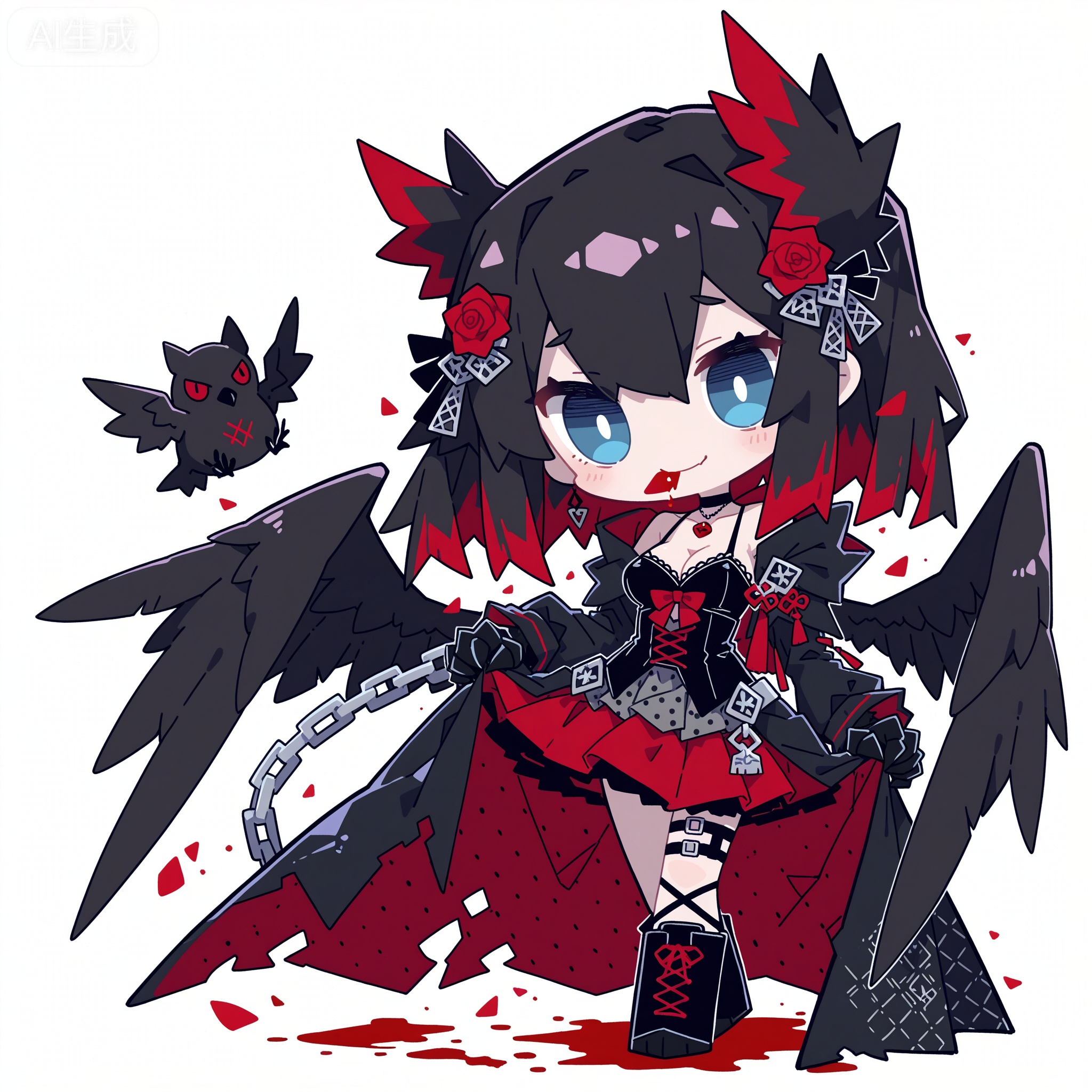 Solo, whole body, mature_monster_girl, monster_headdress, monster_clothes,

White background, monochrome theme, outline: 1.2

,artist:five square blocks,chibi,//

Line art, masterpiece, the best quality, extremely exquisite and beautiful,

Huge file size, amazing quality,multicolored hair,,(imazawa:1.1),(maccha_(mochancc):0.3),(ningen_mame:0.8),(mochizuki_kei:0.75),
／／
1 girl, breasts, cleavage, ,artist:five square blocks,chibi,

1girl, solo, charcoal black hair, ink black hair, long curly hair, red rose hair ornament, black feather hair accessories, ice blue-gray eyes, cold gray-blue eyes, narrow eyes, cold expression, smirks, red rose petal in mouth, pale skin with red blush, gothic dark style, black lace camisole, black multi-layered torn cape, red satin lining, red rose decorations, metal cross buckle, black ruffled long skirt, gray polka dot pattern, red inner skirt, black knee-high lace-up boots, metal chain decorations, black choker, red rose pendant, standing pose, body tilt right, lifting skirt, floating cape, floating hair, raven motif, black phoenix butterfly motif, blood splatter effects, monster girl, animalistic limbs, raven claws on hands and feet, black raven wings, feathered wings, taloned feet, demonic lower body, twisted monster legs, pure white background, solid white background, no other background elements, no watermark, no text, elegant and aloof, yandere aesthetic, delicate line art, soft shading, dark fantasy, horror gothic
