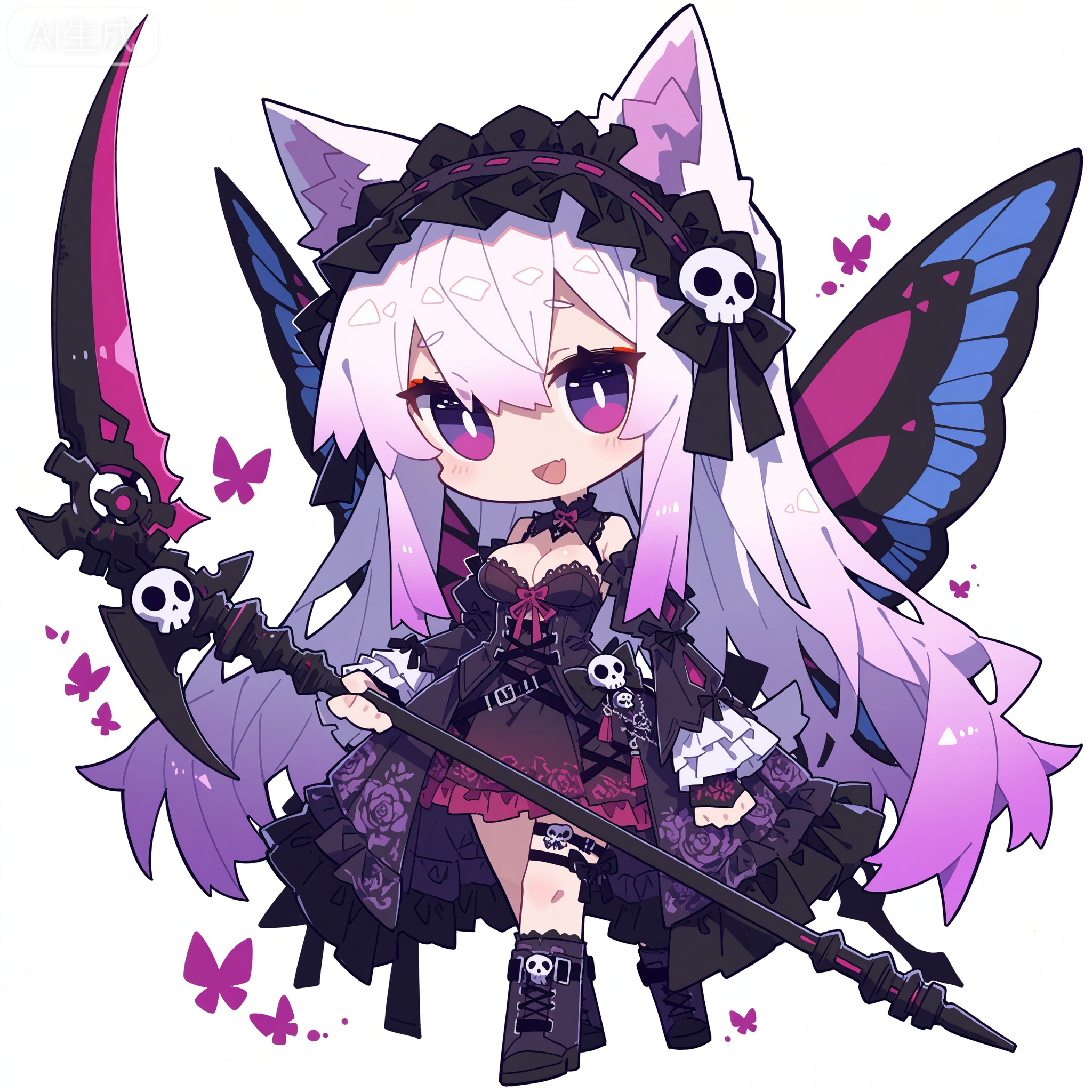 Solo, whole body, mature_monster_girl, monster_headdress, monster_clothes,

White background, monochrome theme, outline: 1.2

(chibi:1.1) ,:d,//artist:chujiujiu:1.4,//
Line art, masterpiece, the best quality, extremely exquisite and beautiful,

Huge file size, amazing quality,multicolored hair,,(imazawa:1.1),(maccha_(mochancc):0.3),(ningen_mame:0.8),(mochizuki_kei:0.75),
//
1 girl, breasts, cleavage ,:d,//artist:chujiujiu:1.4,//
Masterpiece, best quality, ultra-detailed, 1girl, fluffy pink-purple gradient hair with purple flowers and skull decoration, slender purple eyes with red eyeshadow, cold and cold expression, gothic lolita dress with multi-layered ruffled dark purple tulle, black ties Boots holding a giant bloody textured scythe with pink and purple balloons next to it, dress with purple imperial butterfly wings pattern, dynamic floating ribbon, ink splattered white background, dark fantasy aesthetic, sweet and dark contrast, anime illustration, cinematic lighting