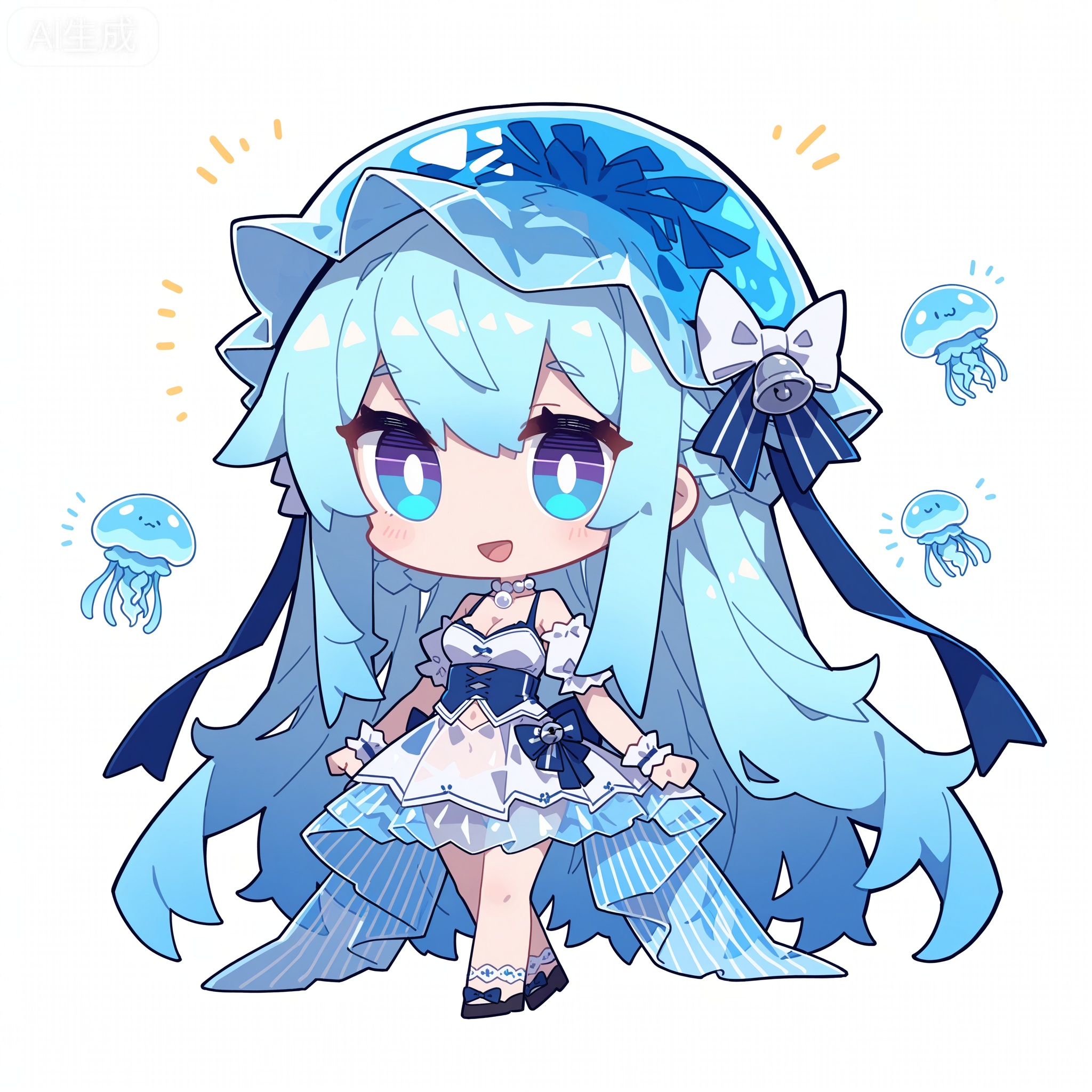 Solo, whole body, mature_monster_girl, monster_headdress, monster_clothes,

White background, monochrome theme, outline: 1.2

(chibi:1.1) ,:d,//artist:chujiujiu:1.4,//
Line art, masterpiece, the best quality, extremely exquisite and beautiful,

Huge file size, amazing quality,multicolored hair,,(imazawa:1.1),(maccha_(mochancc):0.3),(ningen_mame:0.8),(mochizuki_kei:0.75),
／／
1 girl, breasts, cleavage, (chibi:1.1) ,:d,//artist:chujiujiu:1.4,//1girl, solo, ice blue jellyfish-like hair, transparent wavy hair, bioluminescent hair tips, light amber jellyfish eyes, glowing pupils, innocent expression, soft gaze, slightly open mouth, pale translucent skin, bioluminescent blue blush, jellyfish humanoid, full body jellyfish transformation, jellyfish tentacle limbs, transparent tentacles with bioluminescent blue stripes, floating tentacles, jellyfish bell-shaped skirt, sheer bioluminescent blue overlay, white camisole, light blue lace trim, ice blue cropped blouse, puff sleeves, white bow, white pearl choker, light blue ribbon wristbands, standing pose, floating posture, ethereal movement, solid white background, no other background elements, bioluminescent glow, transparent texture, delicate line art, soft shading, no watermark, no text, marine fantasy, pure and ethereal aesthetic

