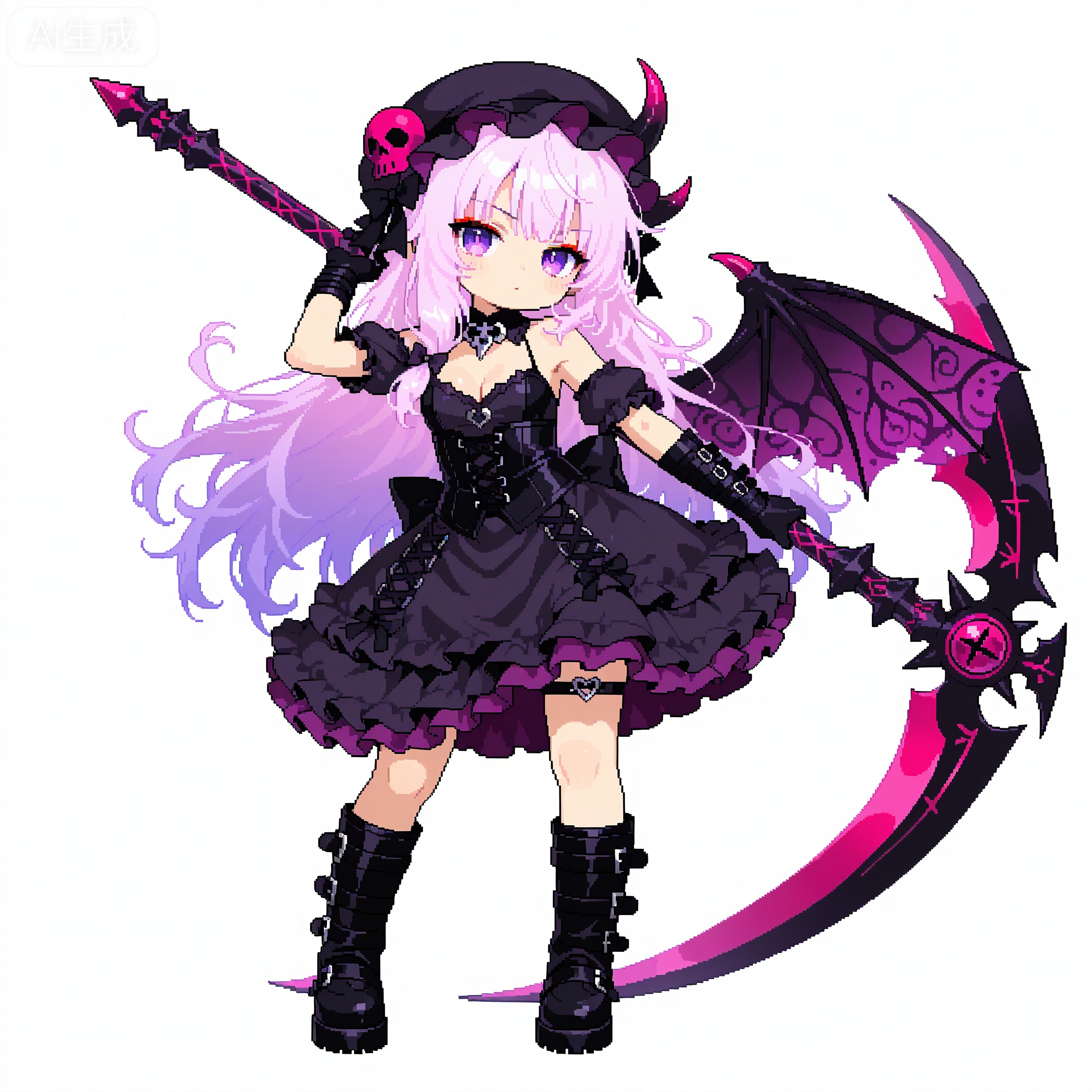 Solo, whole body,
White background, monochrome theme, outline: 1.2
pixel art,
pixel art, pixel style, pixel illustration, HD pixel, pixel villain,chibi,//
1 girl, breasts, cleavage, pixel art, pixel style, pixel illustration, HD pixel, pixel villain,chibi,
Masterpiece, best quality, ultra-detailed, 1girl, fluffy pink-purple gradient hair with purple flowers and skull decoration, slender purple eyes with red eyeshadow, cold and cold expression, gothic lolita dress with multi-layered ruffled dark purple tulle, black ties Boots holding a giant bloody textured scythe with pink and purple balloons next to it, dress with purple imperial butterfly wings pattern, dynamic floating ribbon, ink splattered white background, dark fantasy aesthetic, sweet and dark contrast, anime illustration, cinematic lighting