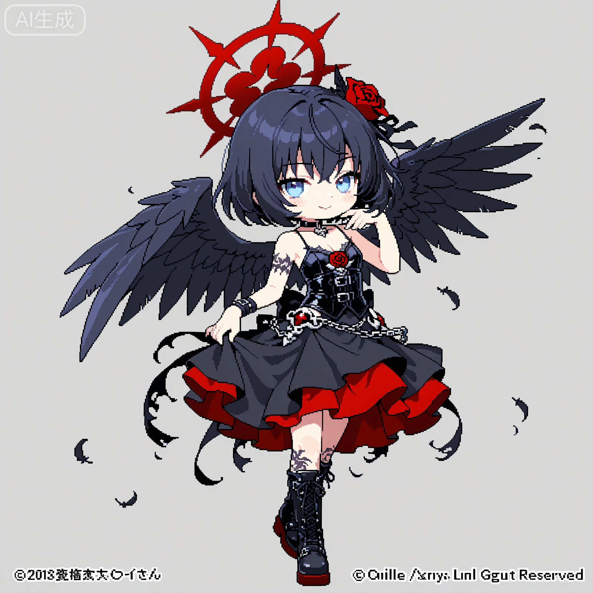 Solo, whole body,
White background, monochrome theme, outline: 1.2
pixel art,
pixel art, pixel style, pixel illustration, HD pixel, pixel villain,chibi,//
1 girl, breasts, cleavage, pixel art, pixel style, pixel illustration, HD pixel, pixel villain,chibi,
1girl, solo, charcoal black hair, ink black hair, long curly hair, red rose hair ornament, black feather hair accessories, ice blue-gray eyes, cold gray-blue eyes, narrow eyes, cold expression, smirks, red rose petal in mouth, pale skin with red blush, gothic dark style, black lace camisole, black multi-layered torn cape, red satin lining, red rose decorations, metal cross buckle, black ruffled long skirt, gray polka dot pattern, red inner skirt, black knee-high lace-up boots, metal chain decorations, black choker, red rose pendant, standing pose, body tilt right, lifting skirt, floating cape, floating hair, raven motif, black phoenix butterfly motif, blood splatter effects, monster girl, animalistic limbs, raven claws on hands and feet, black raven wings, feathered wings, taloned feet, demonic lower body, twisted monster legs, pure white background, solid white background, no other background elements, no watermark, no text, elegant and aloof, yandere aesthetic, delicate line art, soft shading, dark fantasy, horror gothic