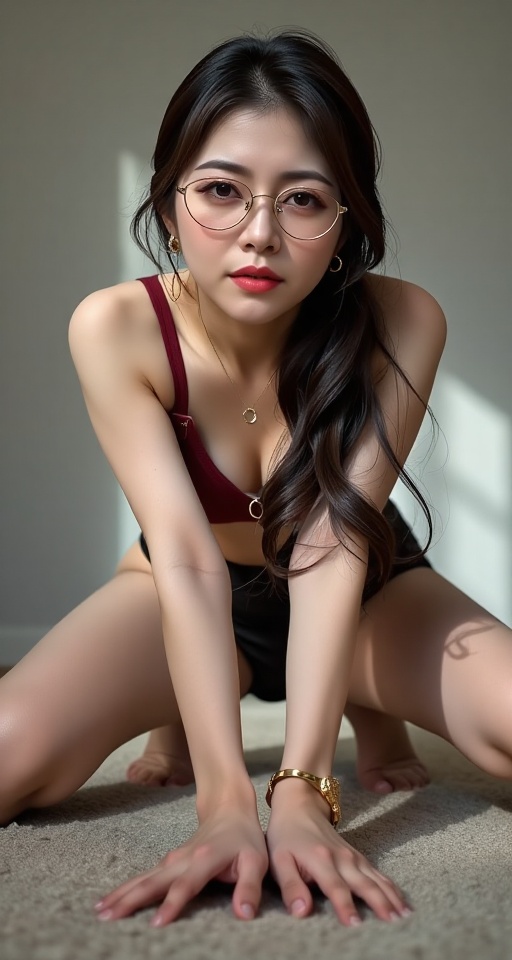 Create a realistic scene of a solo-focused 1girl indoors,  bent over and leaning forward towards the audience from a pov....