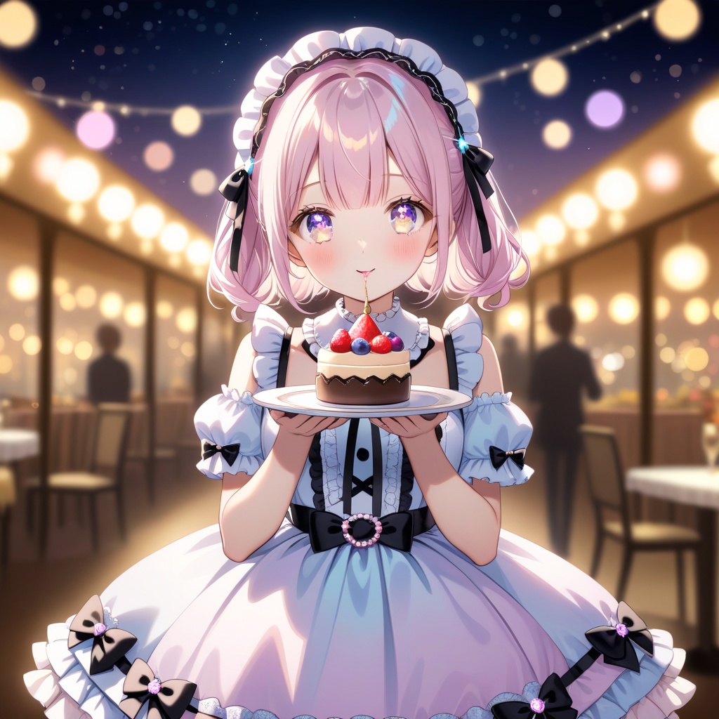 cute girl in sweet lolita dress,  tiny jeweled attached to ribbon belt,  carrying dessert on Tensor.Art