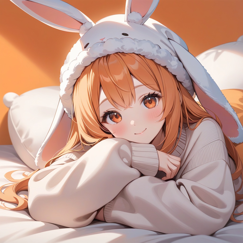 Bright orange background,  fluffy floppy ears,  rabbit hat on Tensor.Art