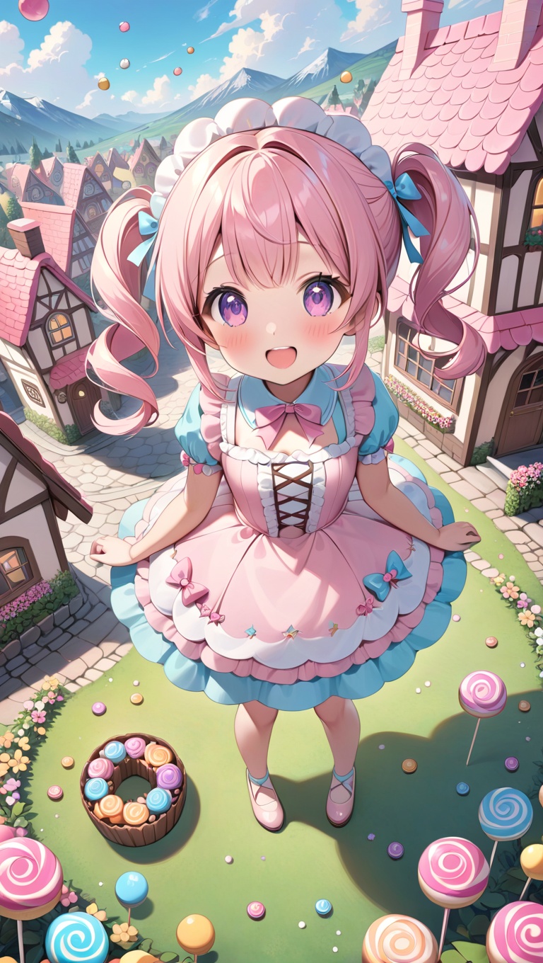 cute girl,  candy cottage,  high-angle view on Tensor.Art