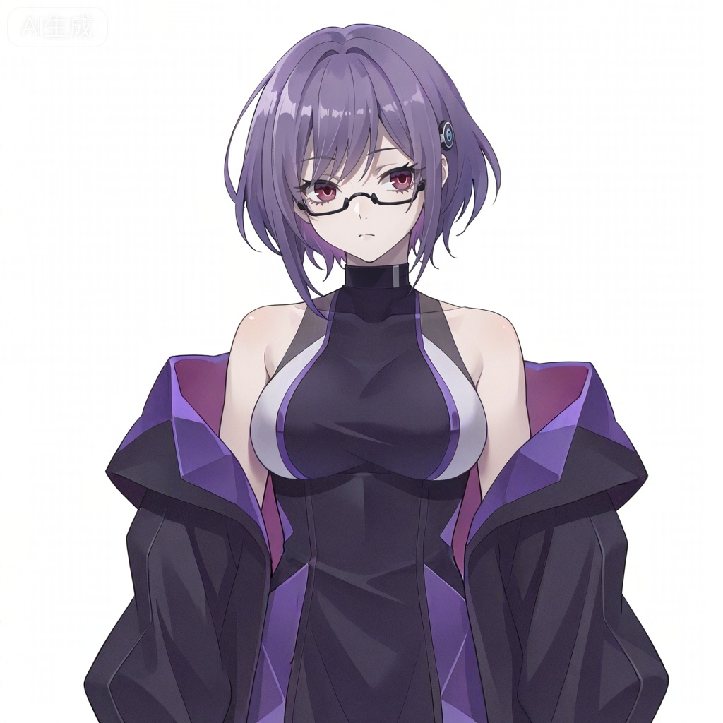 masterpiece, best quality,solo,white background,simple_background,Yuutenji Nyamu,cybersaki_style,short hair,purple eyes,red eyes,bangs,purple hair,breasts,hair ornament,glasses,jacket,bare shoulders,dress,off shoulder,open jacket,black jacket,sleeveless dress