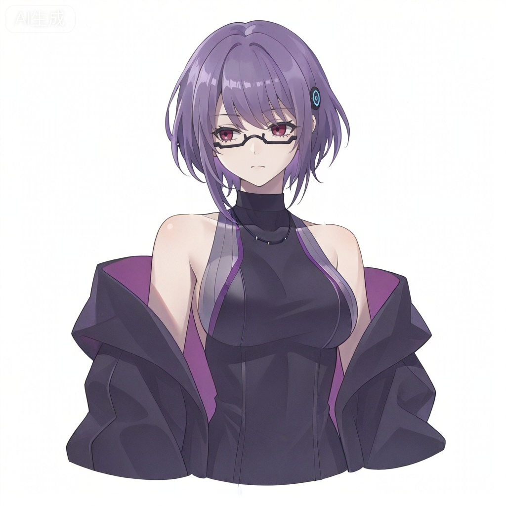 masterpiece, best quality,solo,white background,simple_background,Yuutenji Nyamu,cybersaki_style,short hair,purple eyes,red eyes,bangs,purple hair,breasts,hair ornament,glasses,jacket,bare shoulders,dress,off shoulder,open jacket,black jacket,sleeveless dress