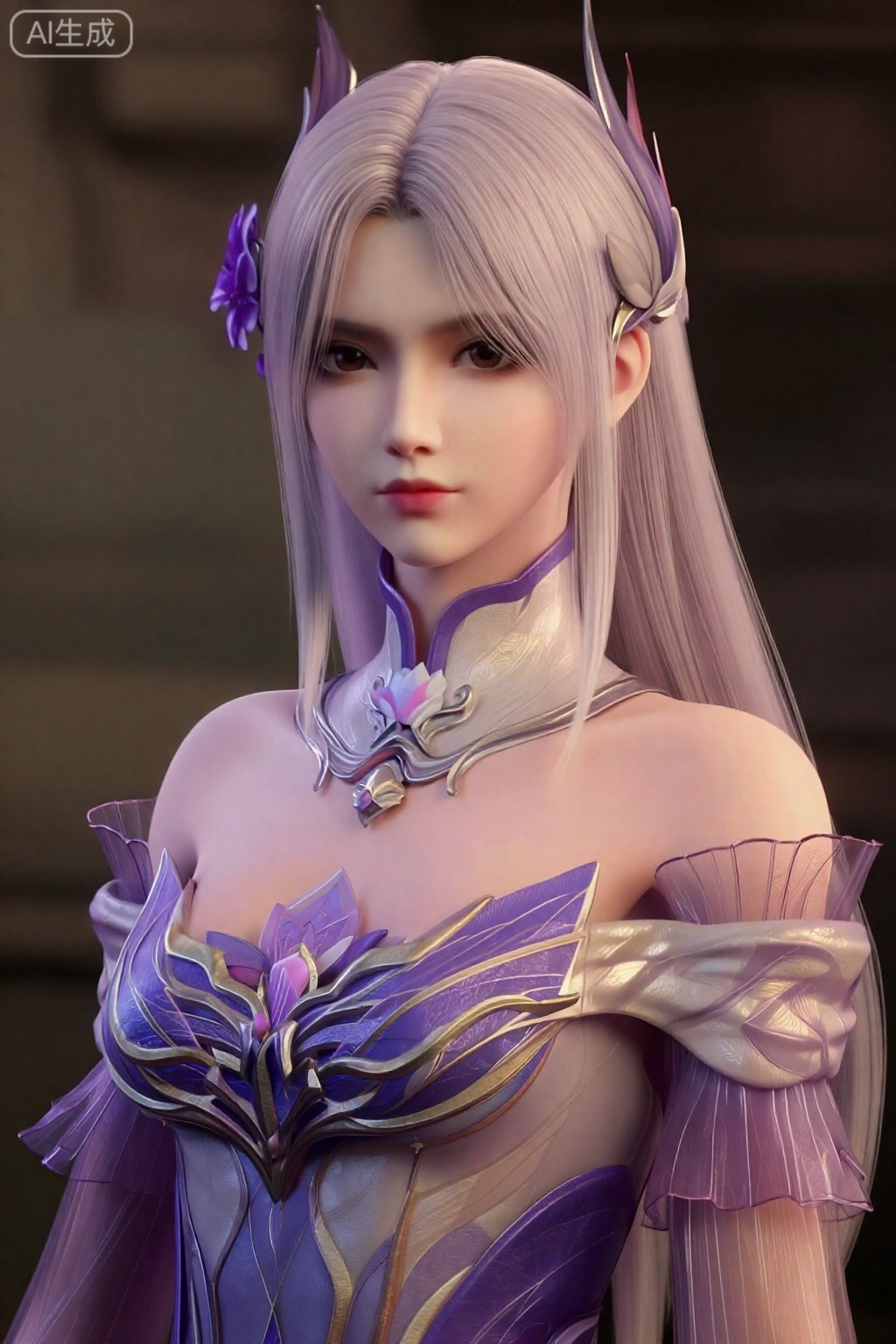 真人摄影。  。拥有浅银色的长直发。该角色的头部左侧饰有紫色花朵配饰。该服装的特点是高领、华丽的紫色和金色上衣,胸部区域有复杂的翼状设计。泡泡袖半透明,带有精致的荷叶边纹理。。,小医仙