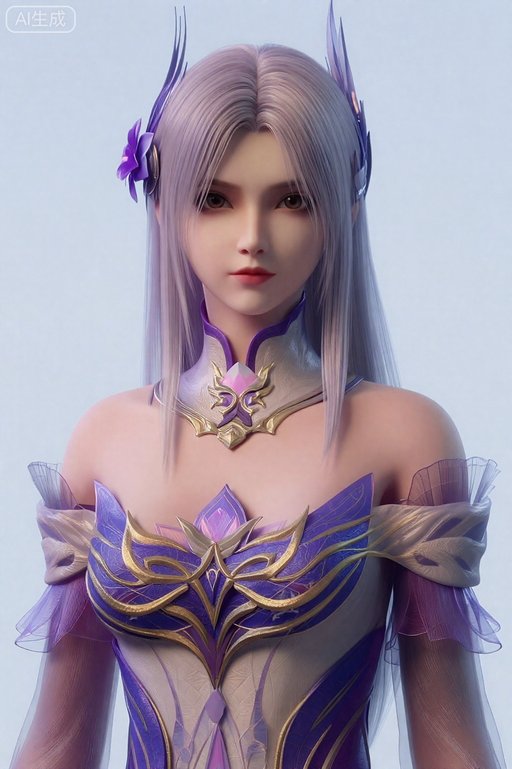 真人摄影。  。拥有浅银色的长直发。该角色的头部左侧饰有紫色花朵配饰。该服装的特点是高领、华丽的紫色和金色上衣,胸部区域有复杂的翼状设计。泡泡袖半透明,带有精致的荷叶边纹理。。,小医仙