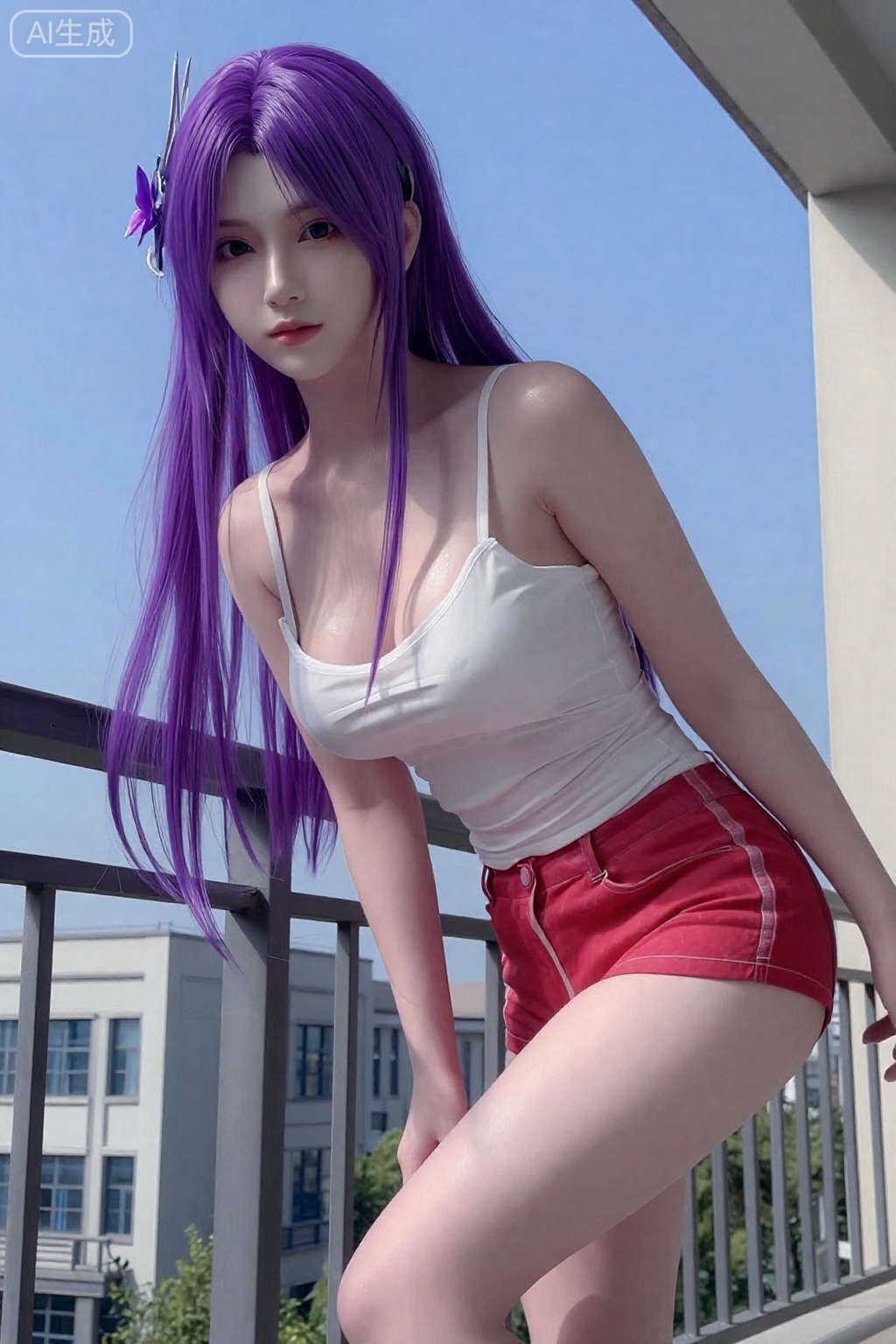 真人摄影。长长的、飘逸的紫色头发从她的背上垂下来。。 头上戴着一个银色的装饰头饰,一朵紫色的小花塞在她左边的头发里。。,小医仙,
宿舍阳台,学妹穿（白色吊带露腰）+ 浅红短裤（露白皙长腿）,头发慵懒披散,皮肤雪白细腻水润无瑕疵,无AI 痕迹,直视镜头,完美身材搭配圆润胸部,单手撑阳台护栏俯身,背景蓝天+ 远处教学楼,细节,光影勾勒身材曲线,壁纸级清新画面,纯欲初恋感十足。,